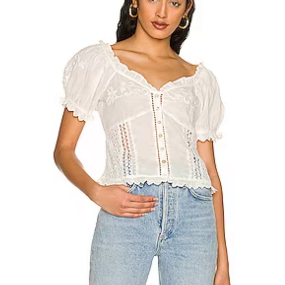 LoveShackFancy White Eyelet Puff Sleeve Corset Blouse